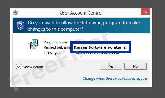 Screenshot where Kaizen Software Solutions appears as the verified publisher in the UAC dialog